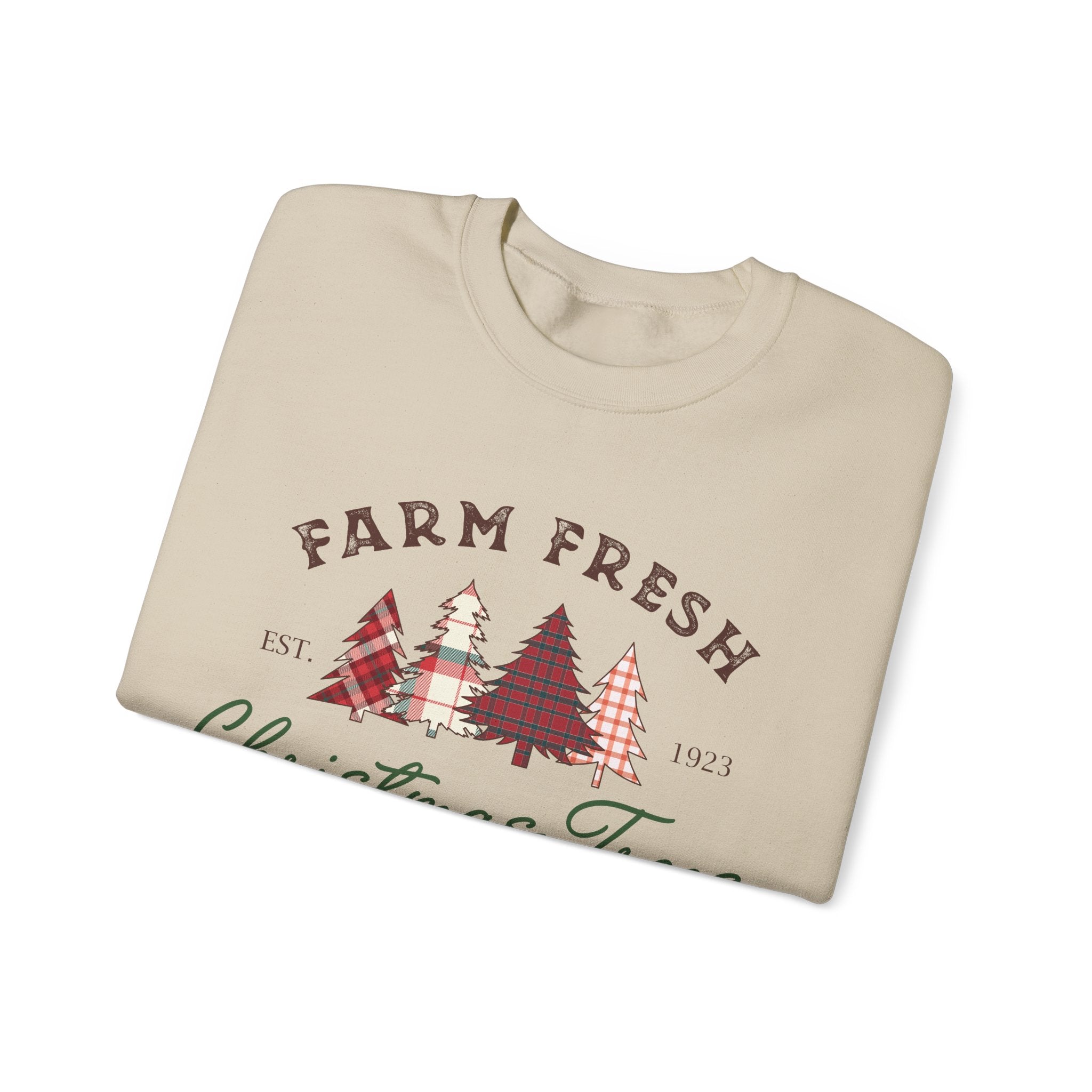 Gildan Farm Fresh Christmas Trees Crewneck Sweatshirt | Cozy Holiday Sweatshirt with Pine & Spruce Design