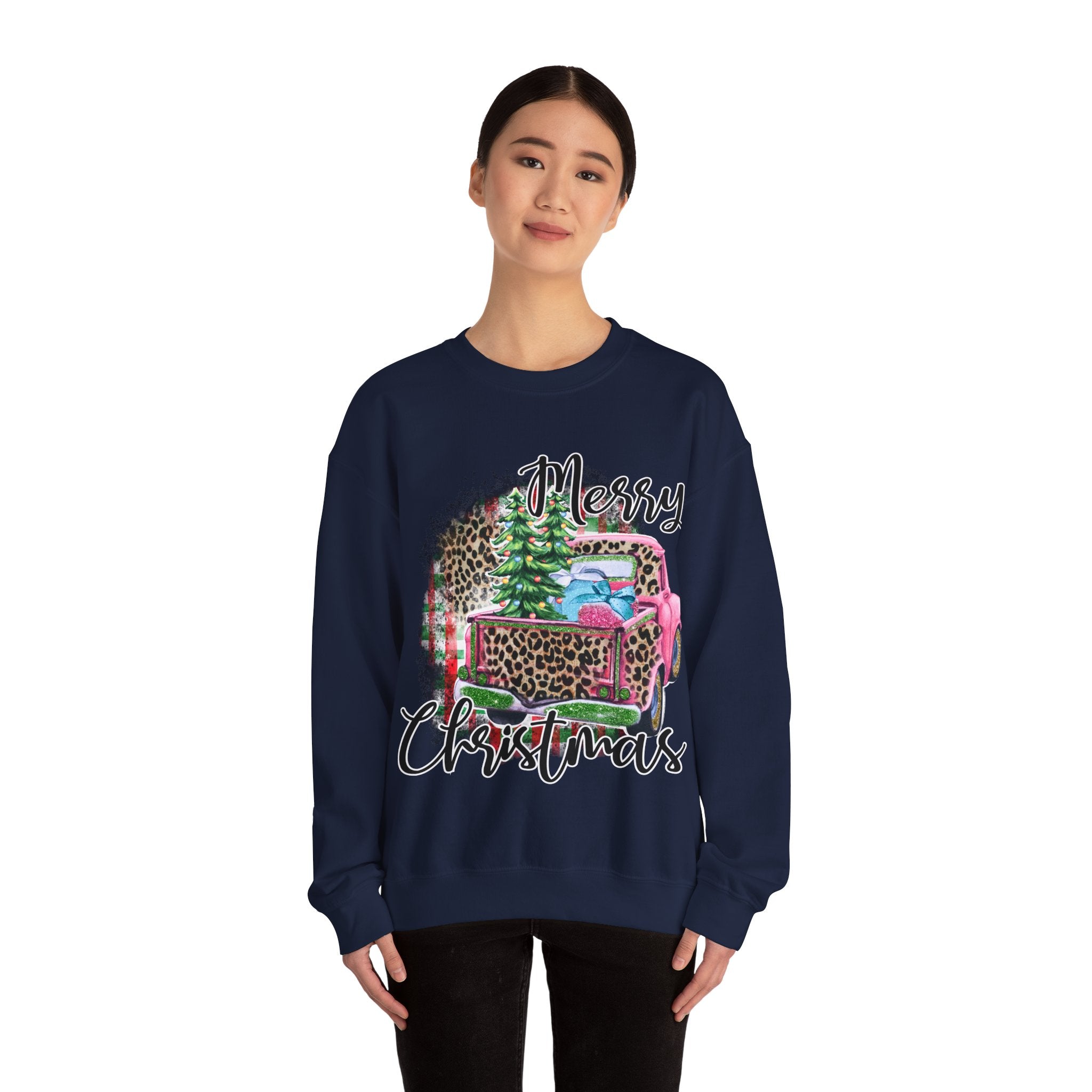 Gildan Merry Christmas Leopard Print Crewneck Sweatshirt for Holiday Comfort