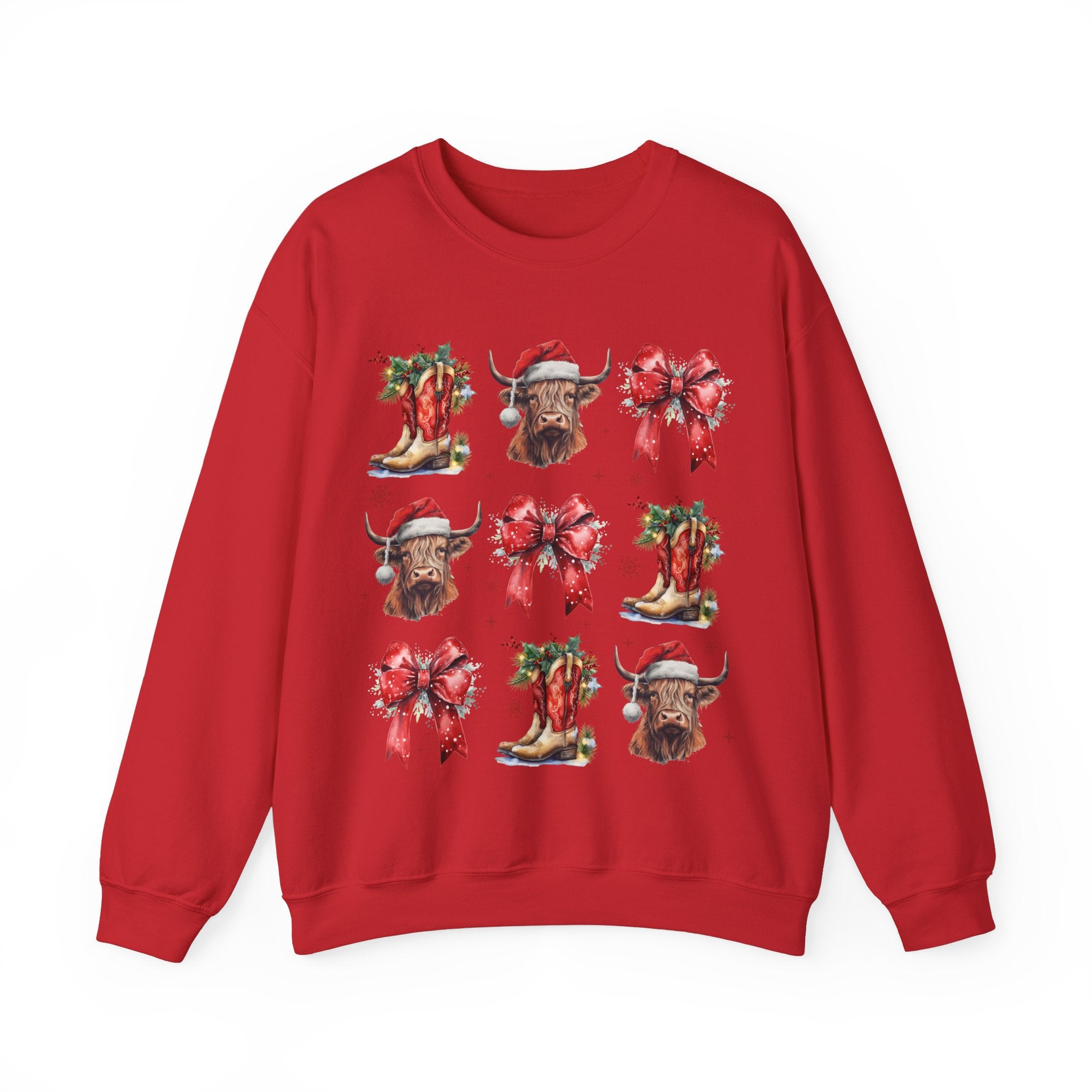 Gildan Festive Holiday Bull Sweatshirt | Unisex Christmas Crewneck featuring Santa Hats & Bows