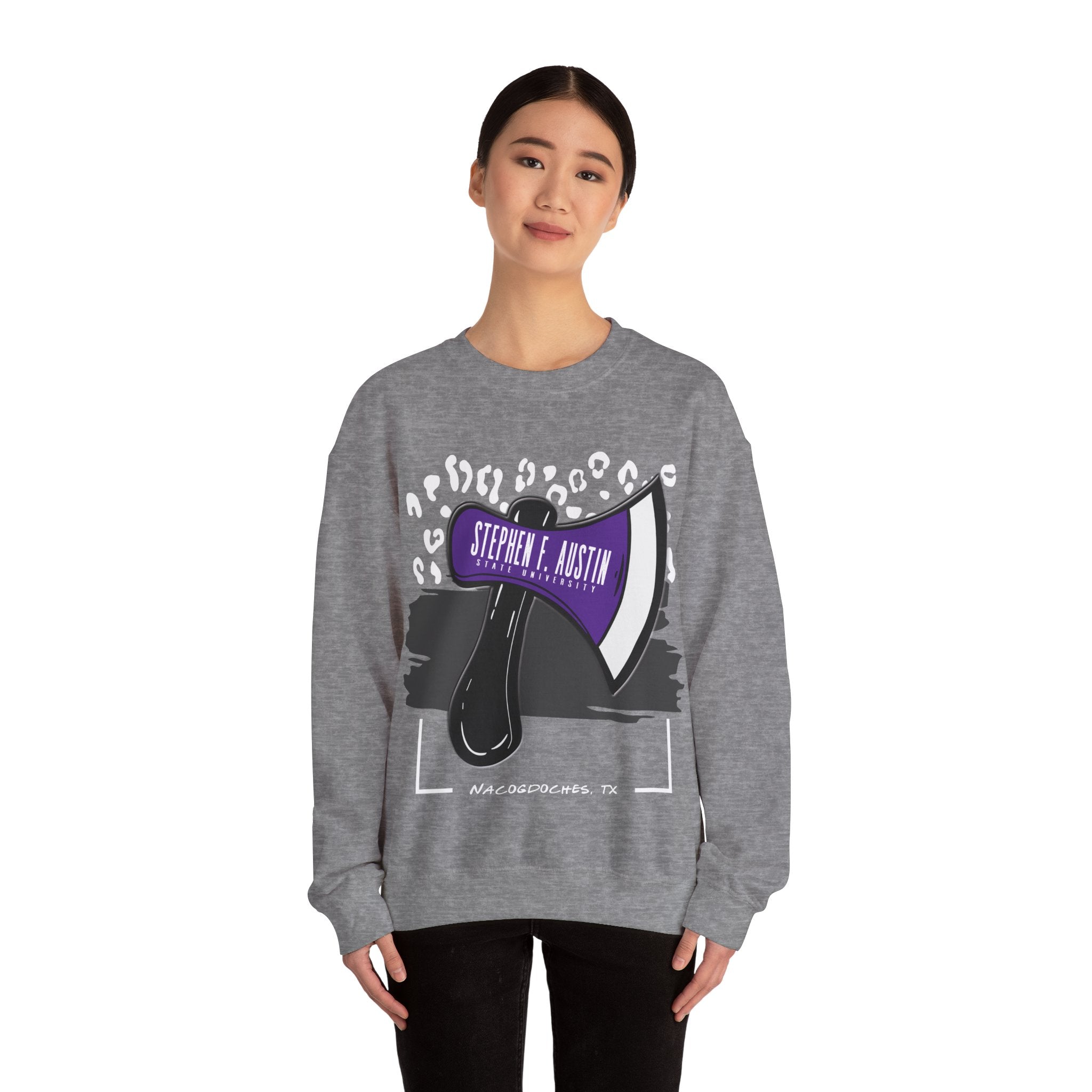 Gildan Unisex Heavy Blend™ Crewneck Collegiate Sweatshirt | SFASU  | LEOPARD Stephen. F. Austin State University