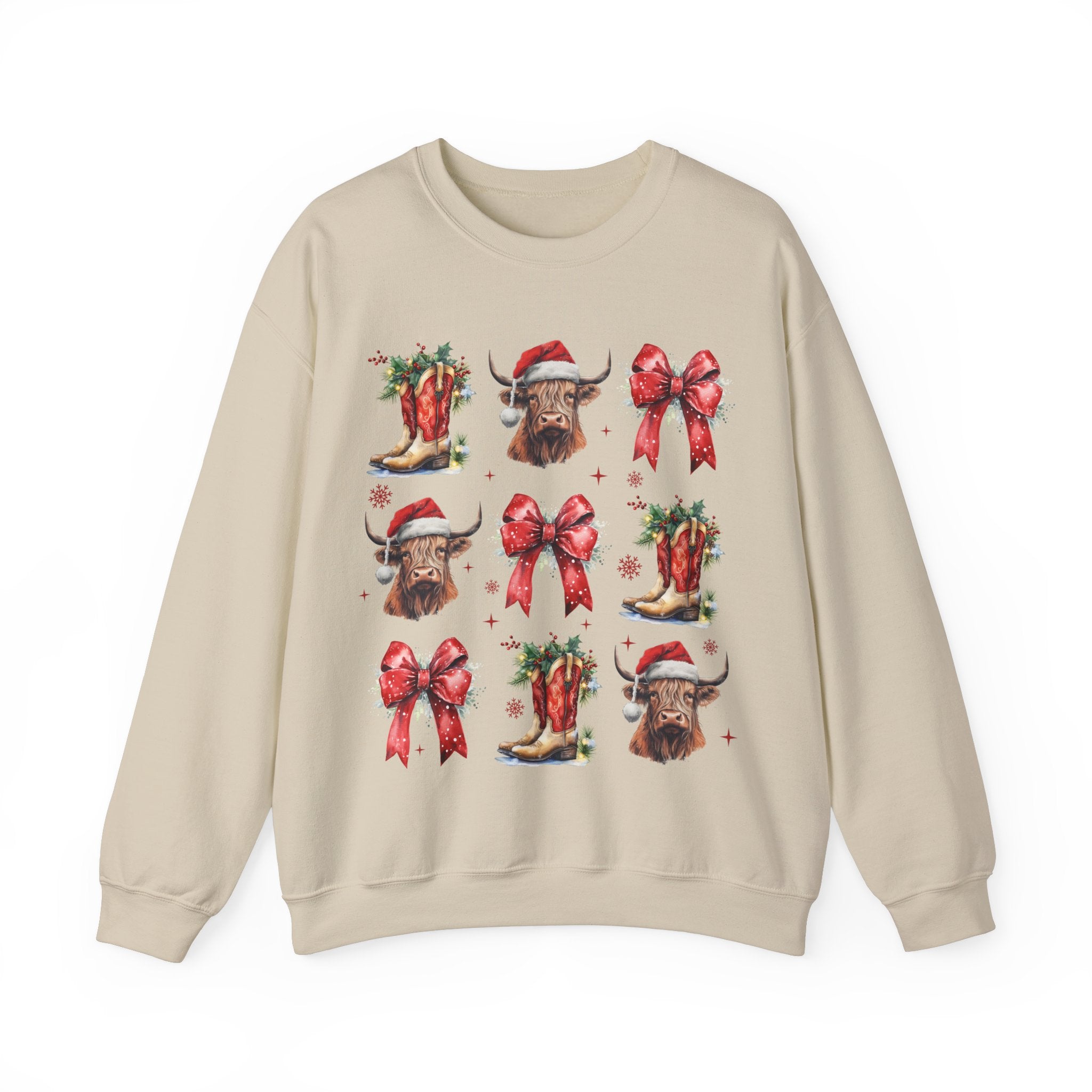 Gildan Festive Holiday Bull Sweatshirt | Unisex Christmas Crewneck featuring Santa Hats & Bows