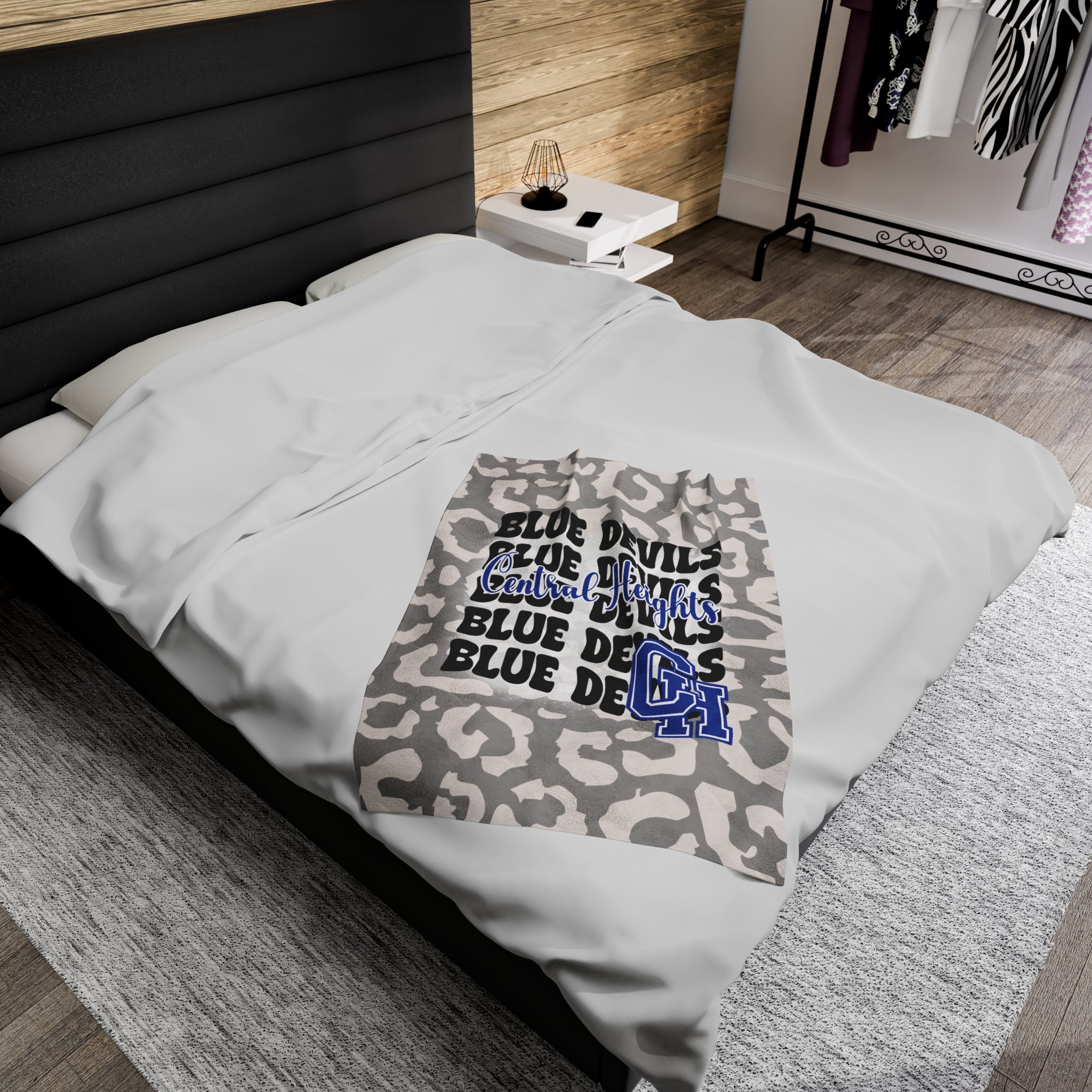 School Spirit Blanket | CENTRAL HEIGHTS BLUE DEVILS | STACKED GRAY LEOPARD