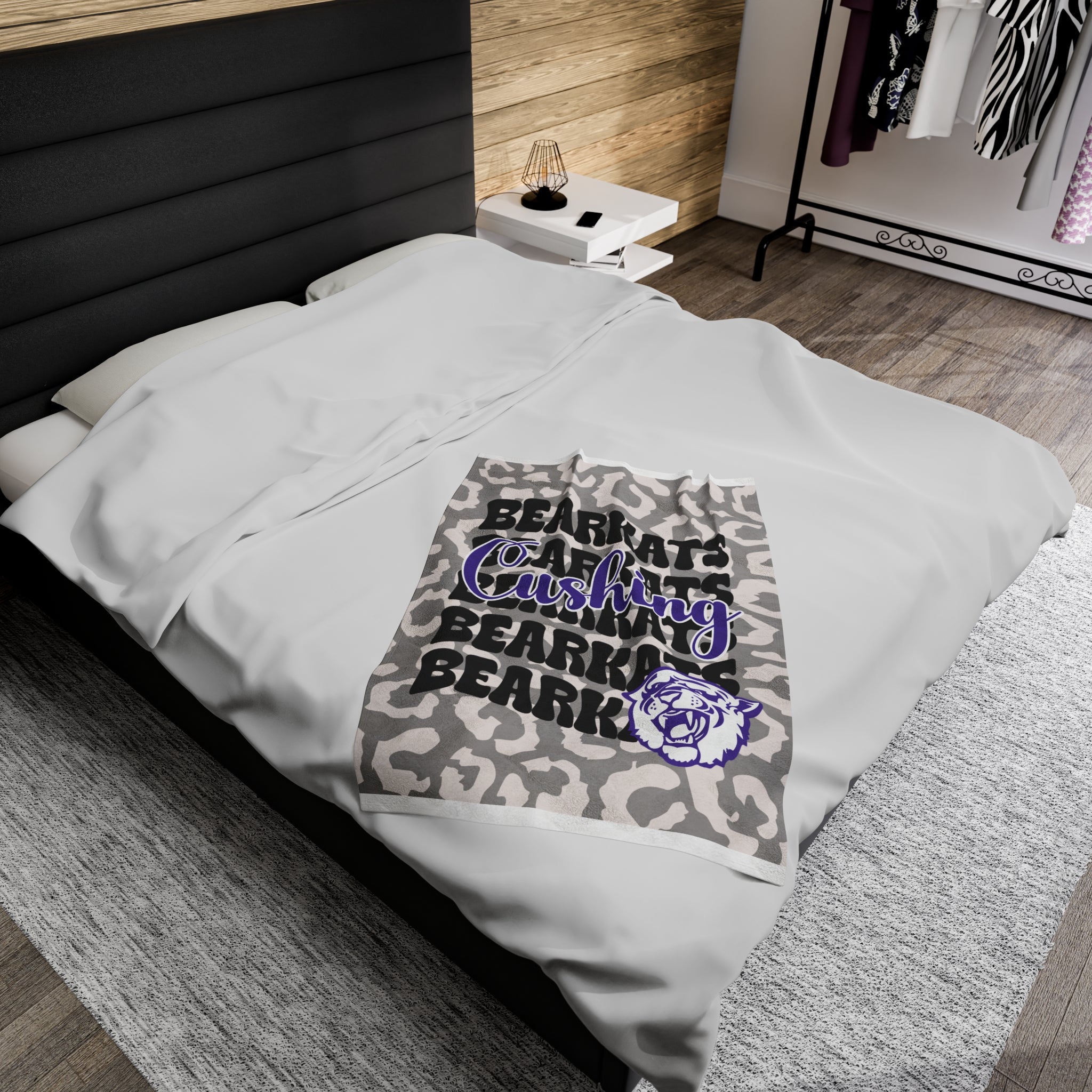 SCHOOL SPIRIT BLANKET | CUSHING BEARKATS | GRAY LEOPARD STACKED LOGO