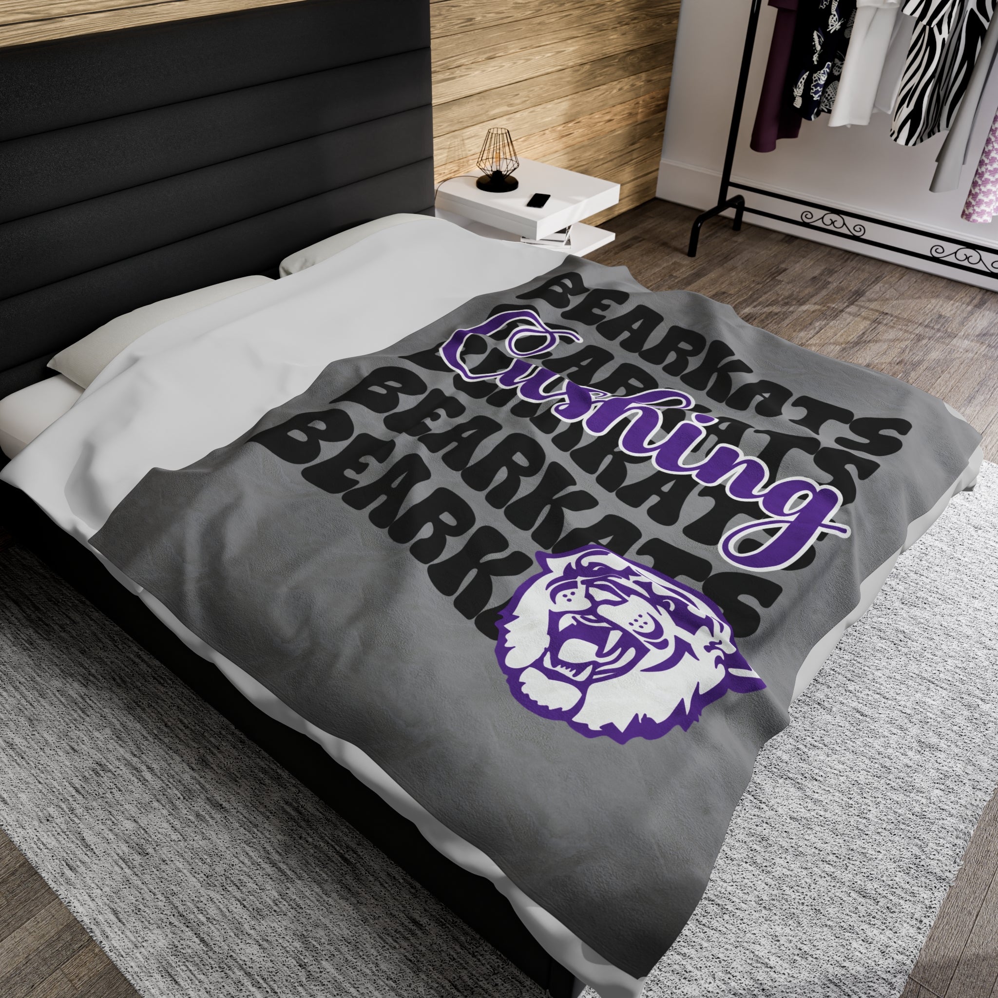 School Spirit Velveteen Plush Blanket | CUSHING BEARKATS | GRAY STACKED LOGO NEW