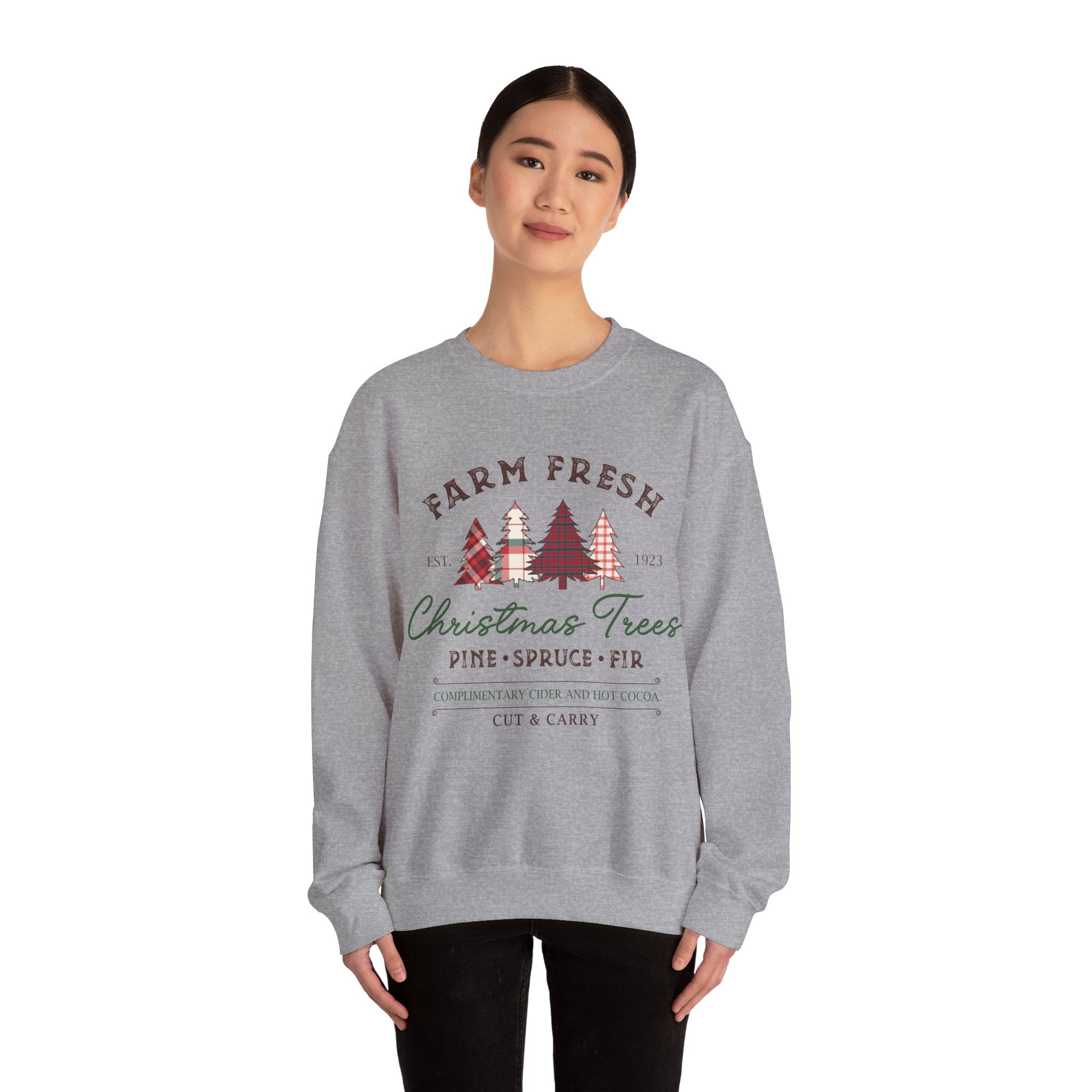 Gildan Farm Fresh Christmas Trees Crewneck Sweatshirt | Cozy Holiday Sweatshirt with Pine & Spruce Design