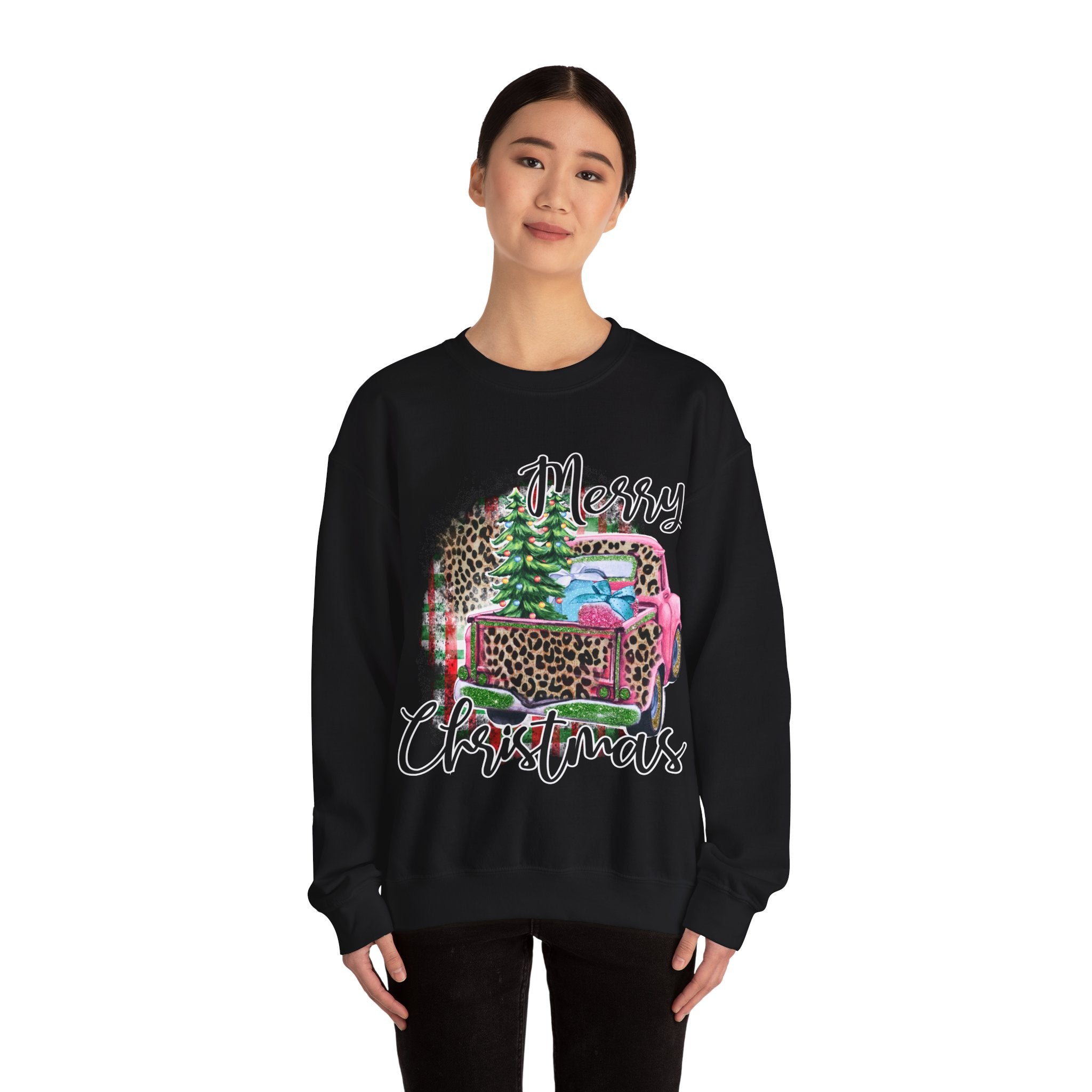 Gildan Merry Christmas Leopard Print Crewneck Sweatshirt for Holiday Comfort