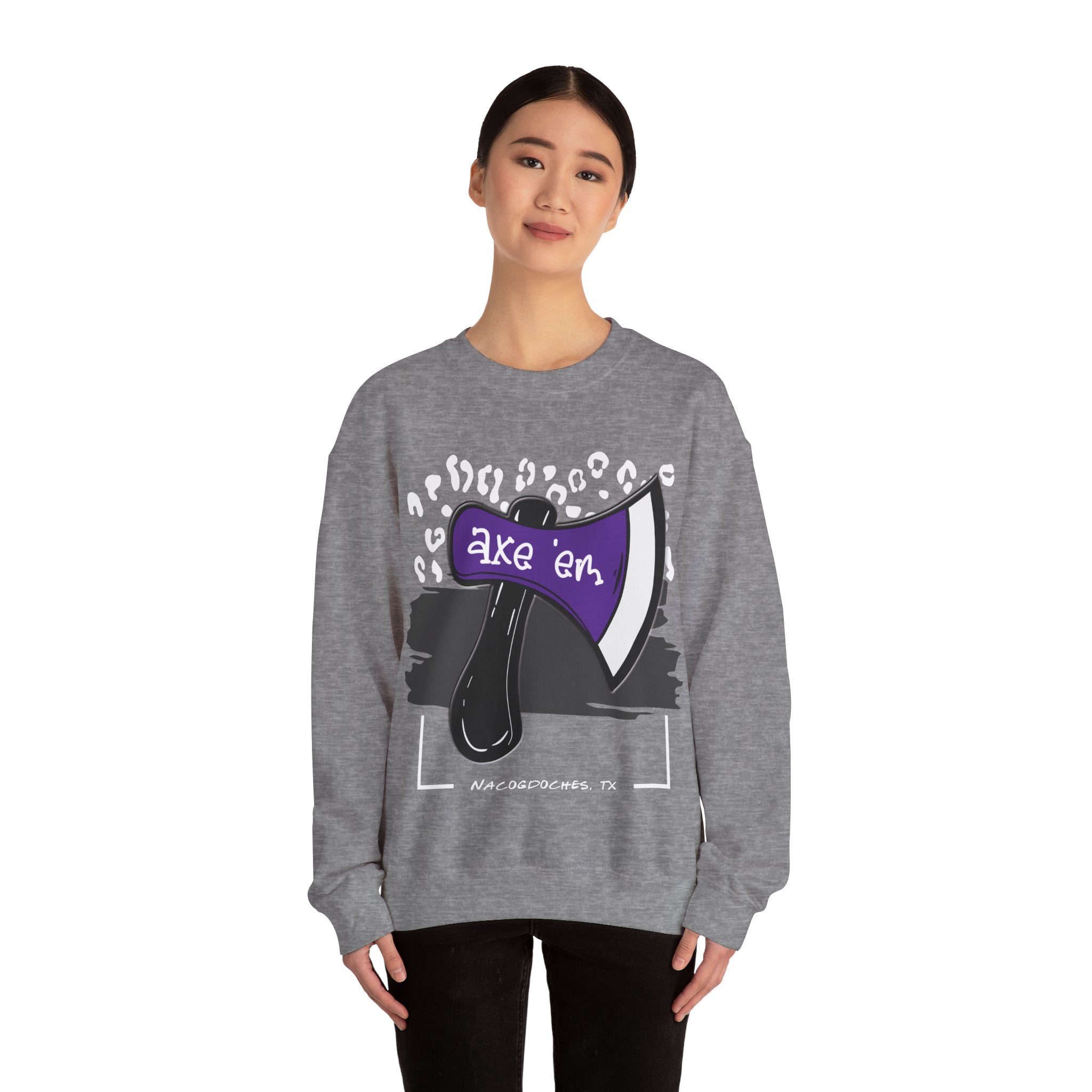 Gildan Unisex Heavy Blend™ Crewneck Collegiate Sweatshirt | SFASU  | LEOPARD AXE E'M