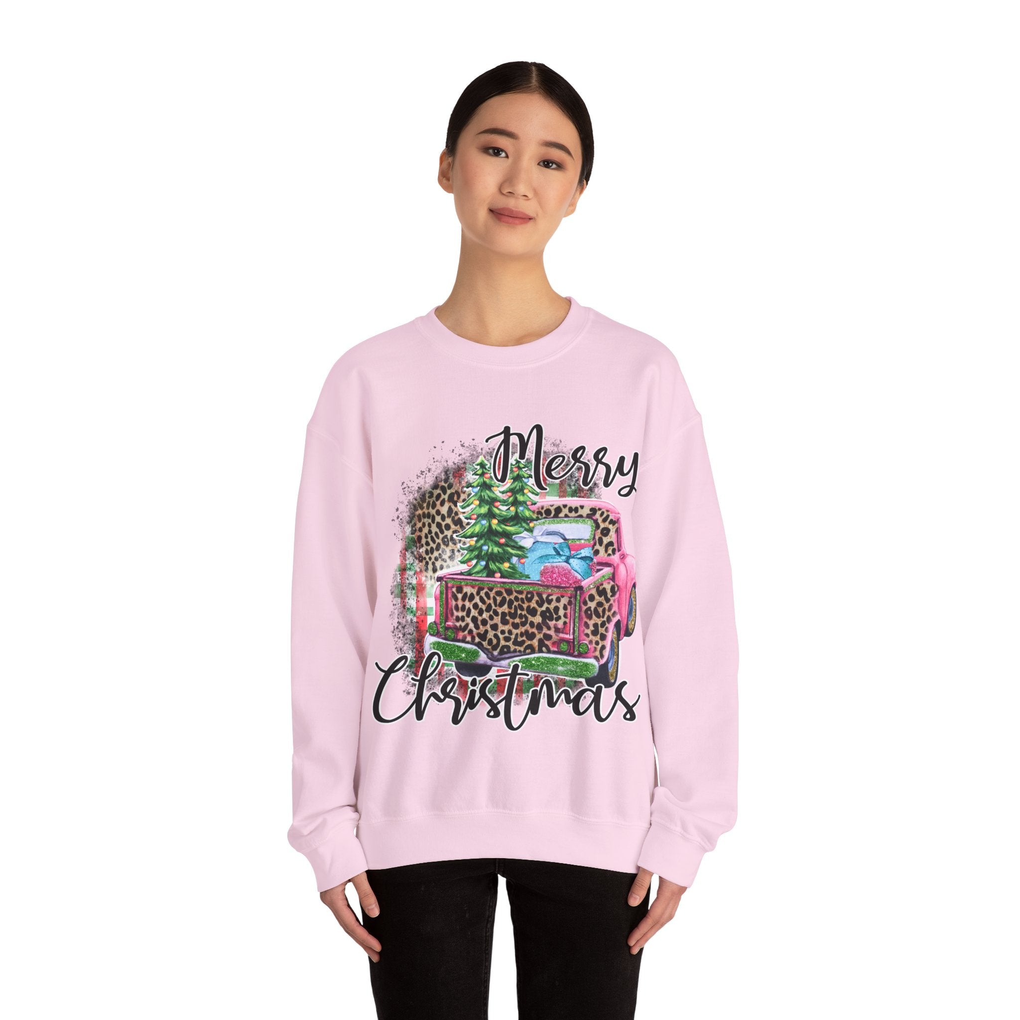 Gildan Merry Christmas Leopard Print Crewneck Sweatshirt for Holiday Comfort