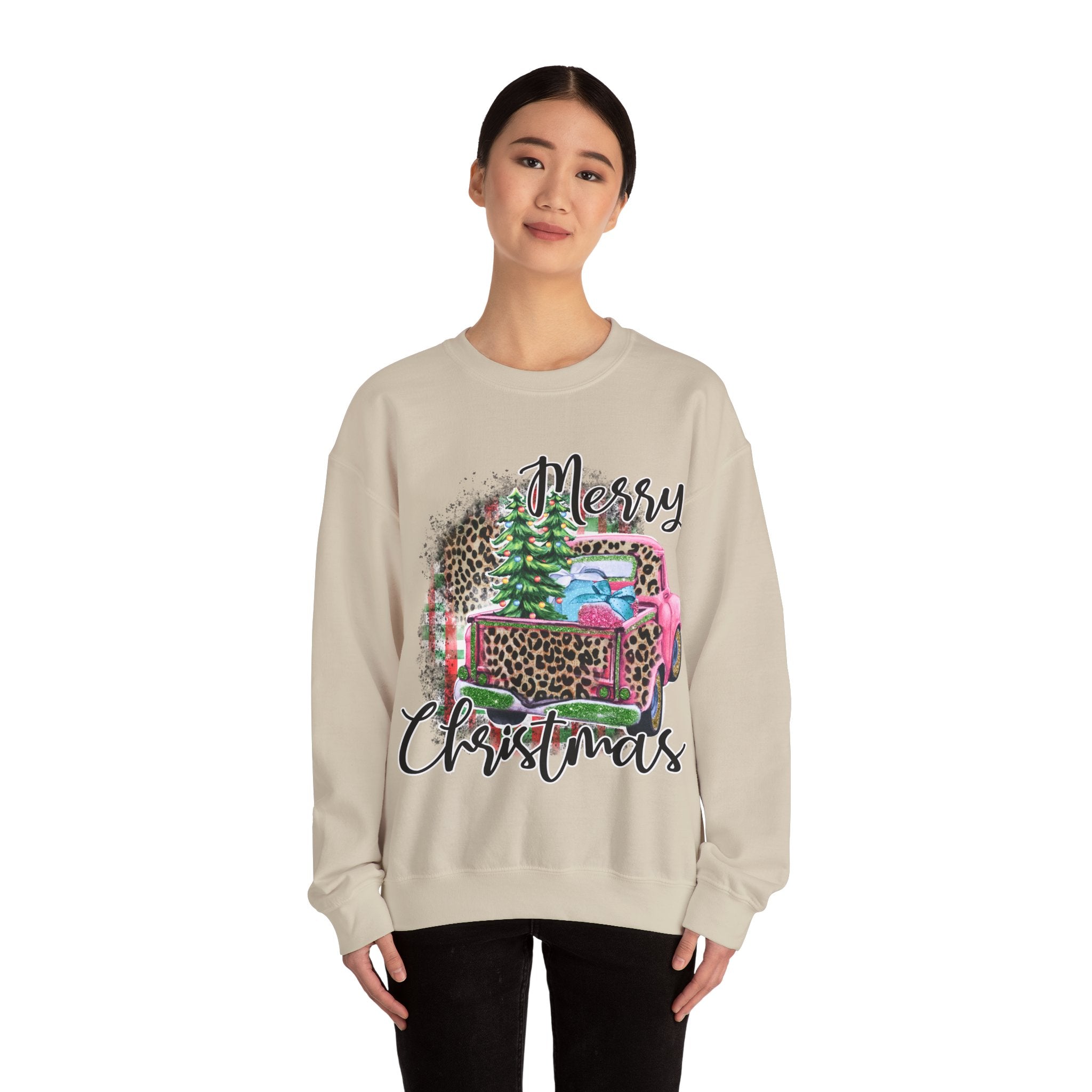 Gildan Merry Christmas Leopard Print Crewneck Sweatshirt for Holiday Comfort