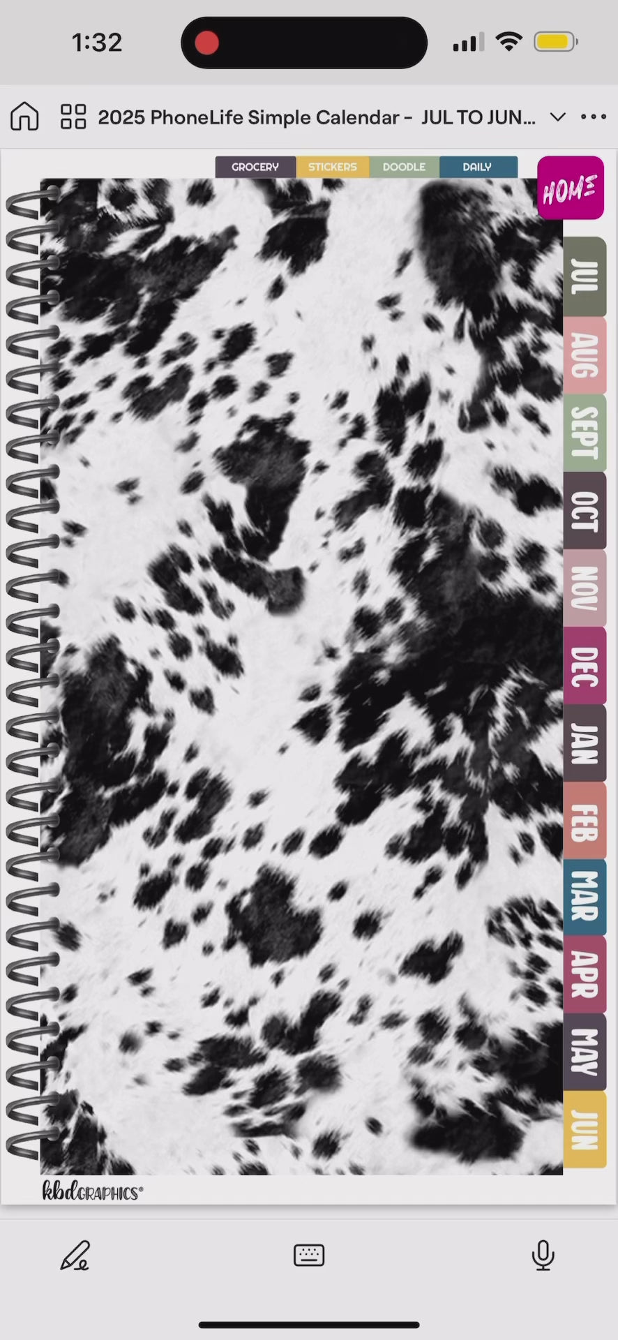 2024 / 2025 PhoneLife Simple Calendar Digital Planner | JUL 2024 TO JUN 2025 | BW COWHIDE